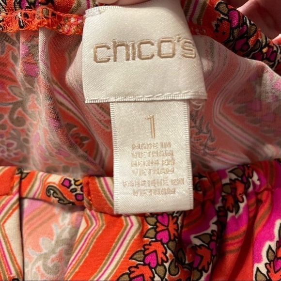 Chico’s Dress Orange and Pink Pattered Midi Key Hole Front Looose Style Size 1 - Picture 6 of 10